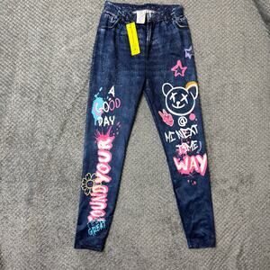 NWT SHEIN Tween Girls Graphic Leggings Pants  8-9Y  Denim Blue Cotton‎ Stretch